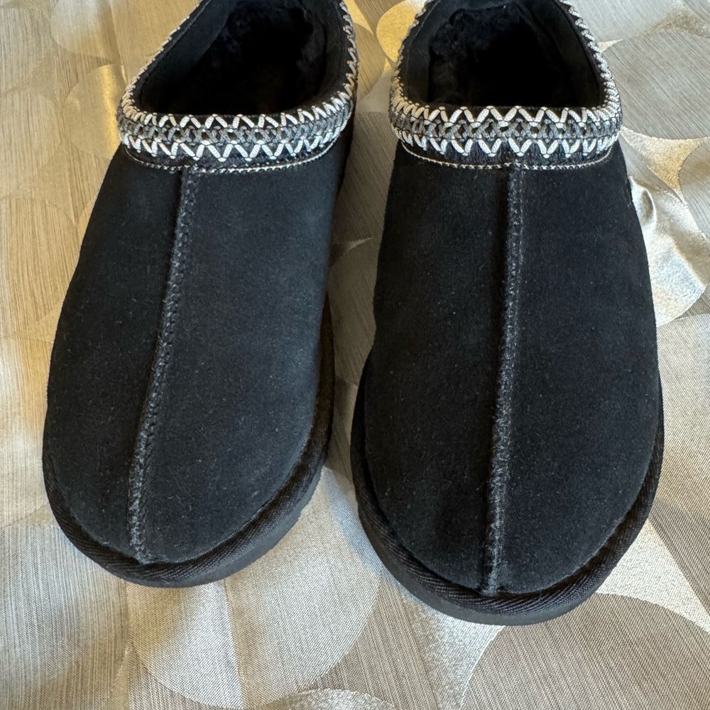 UGG Black Suede Mule Clogs with Silver Braided Trim